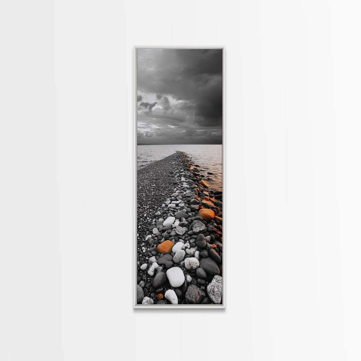 Rocky Shoreline, Sunset Glow, Ocean Path, Coastal Landscape, Canvas Print, Tranquil Nature Art, Bathroom Wall Decor Coastal Style