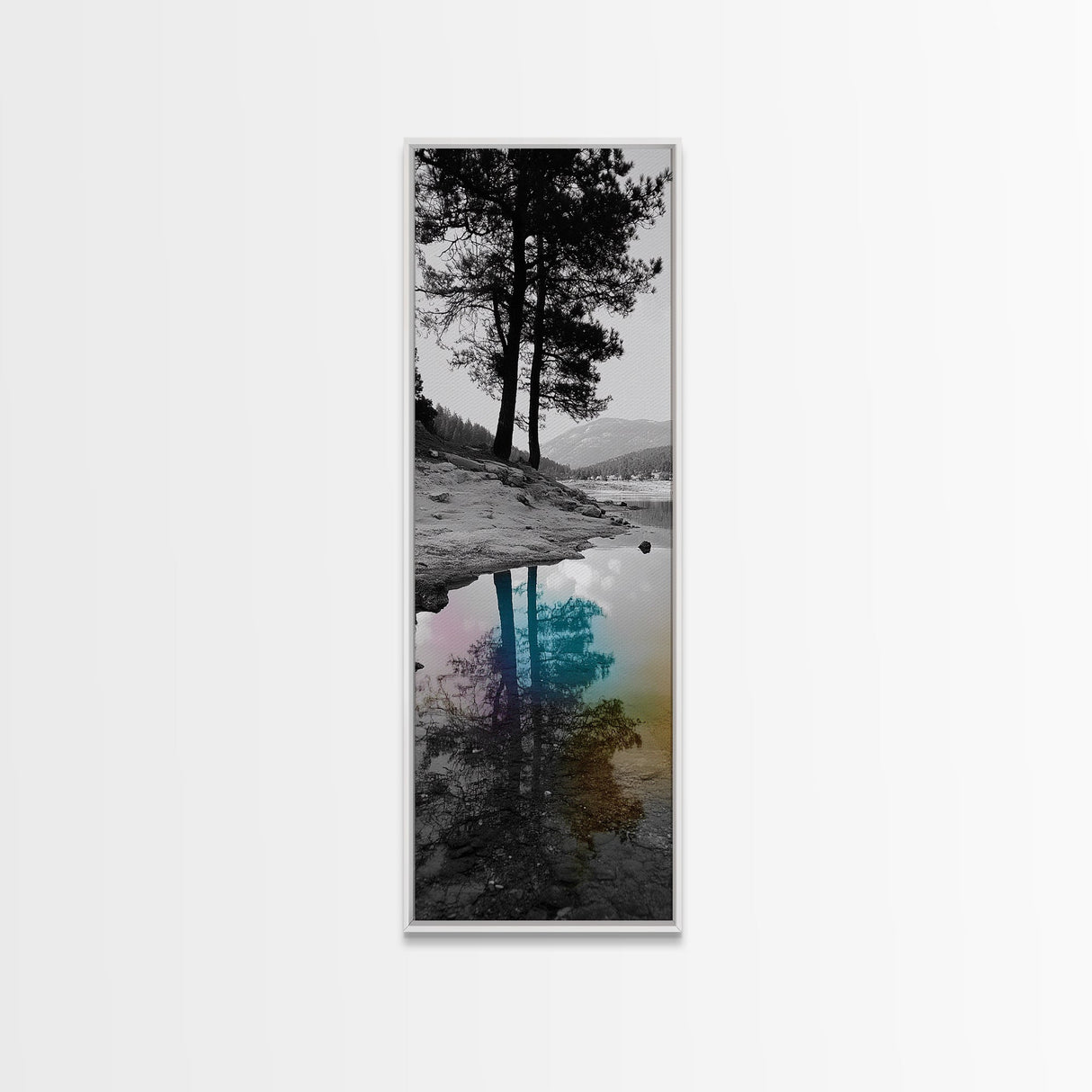 Tree Reflection, Moody Landscape, Nature Serenity, Rainbow Water, Framed Canvas Print, Boho Style, Bedroom Wall Art, Artistic Calm