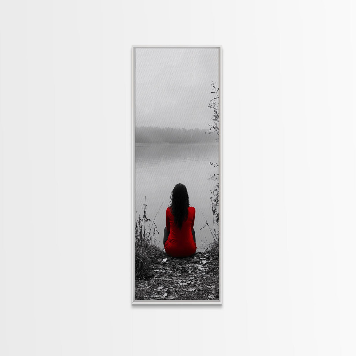 Solitude Reflection, Red Dress Woman, Tranquil Mood, Autumn Lake Scene, Framed Canvas Print, Mindful Art, Bedroom Wall Decor