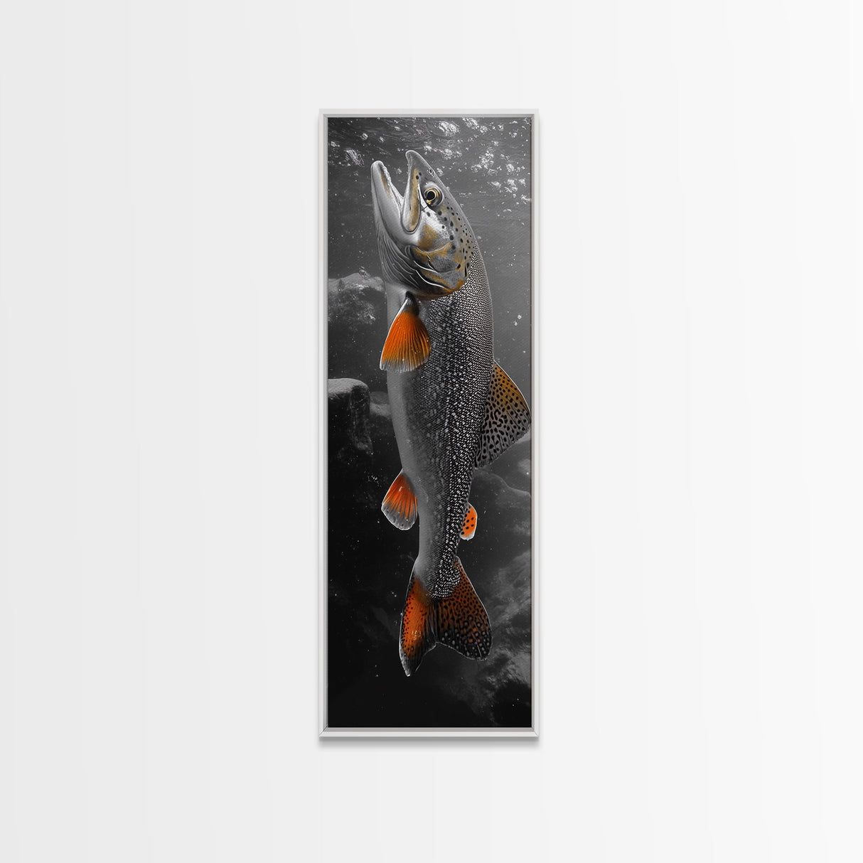Trout Fishing Print, Underwater Scene, Orange Fins Fish, Rustic Wildlife, Framed Canvas Print, Cabin Decor, Man Cave Wall Art
