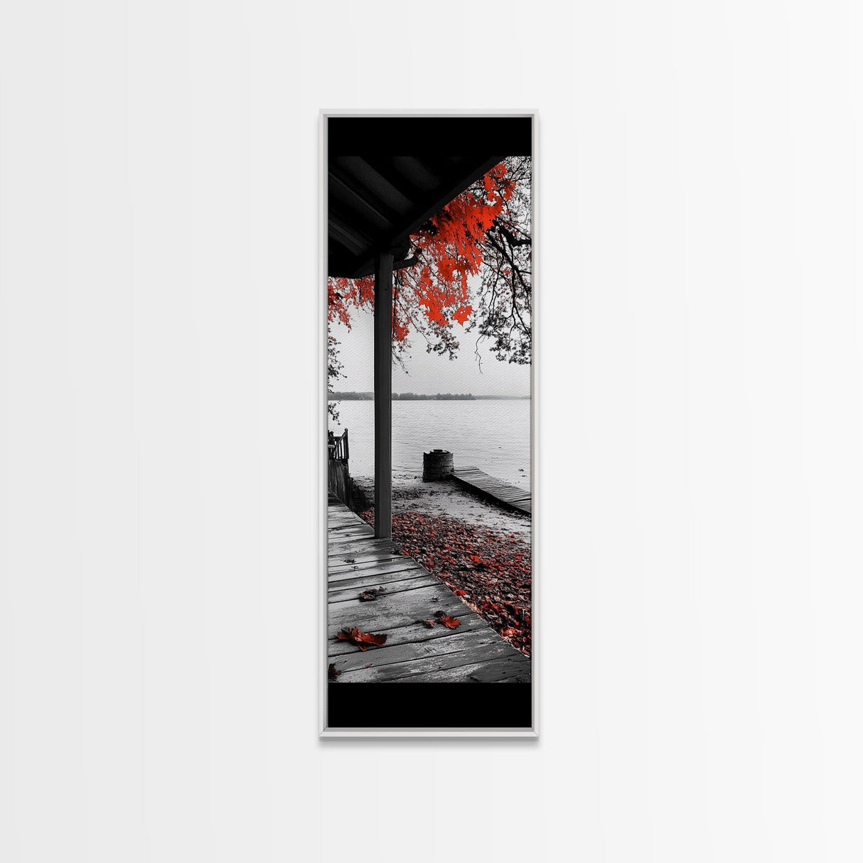 Fall Porch Scene, Lakeview Autumn, Red Leaves Deck, Tranquil Water, Canvas Print, Rustic Wall Art, Cozy Cabin Decor, Entryway Style
