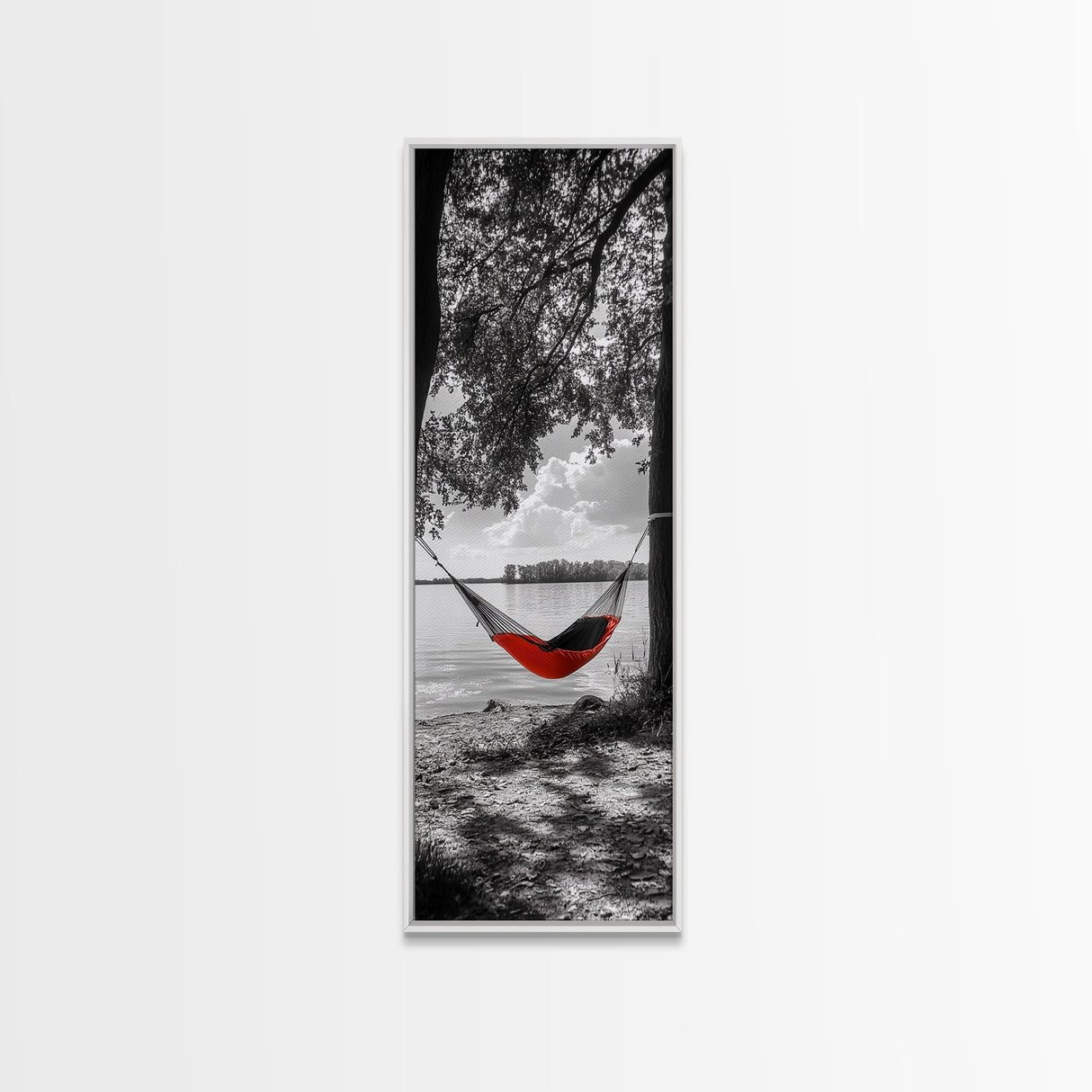 Red Hammock Escape, Nature Lake Art, Serene Moment, Outdoor Vibes, Framed Canvas Print Rustic Bedroom Wall Art, Minimalist Landscape
