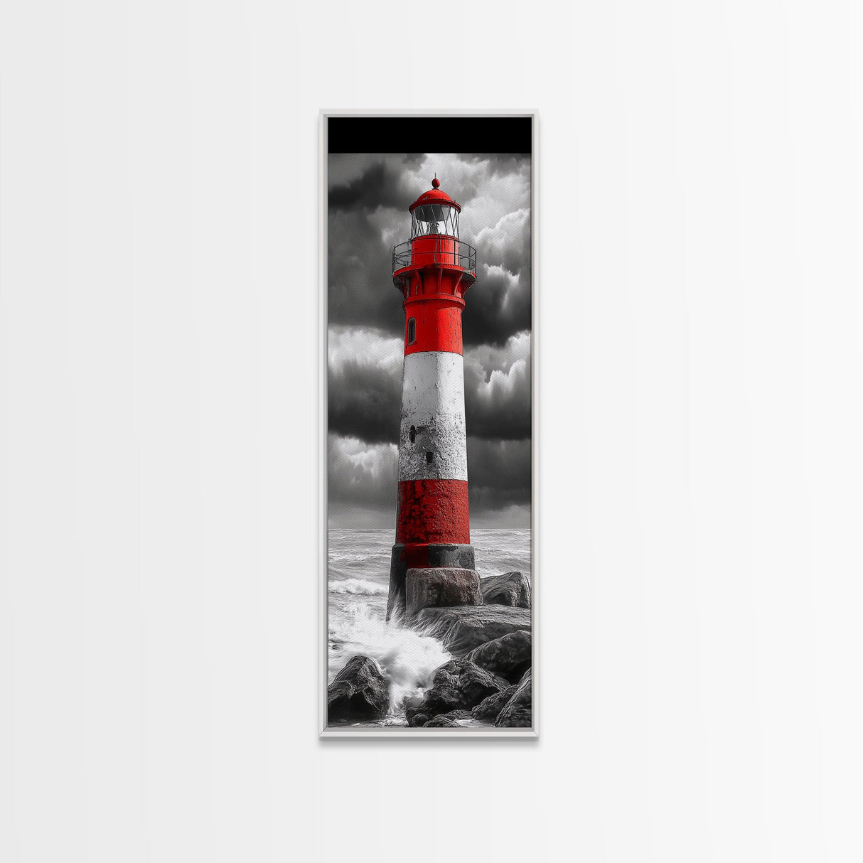 Red Lighthouse Storm, Coastal Beacon Art, Dramatic Seascape, Nautical Scene, Framed Canvas Print Living Room Wall Art, Moody Decor