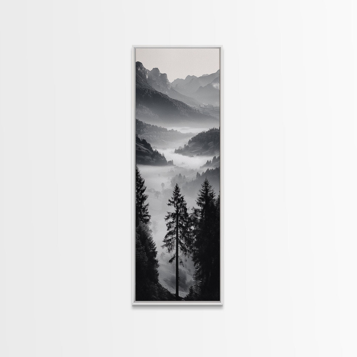 Foggy Mountains, Pine Forest, Valley Mist, Calm Landscape, Canvas Print, entryway wall art, cozy cabin vibes, grayscale art style