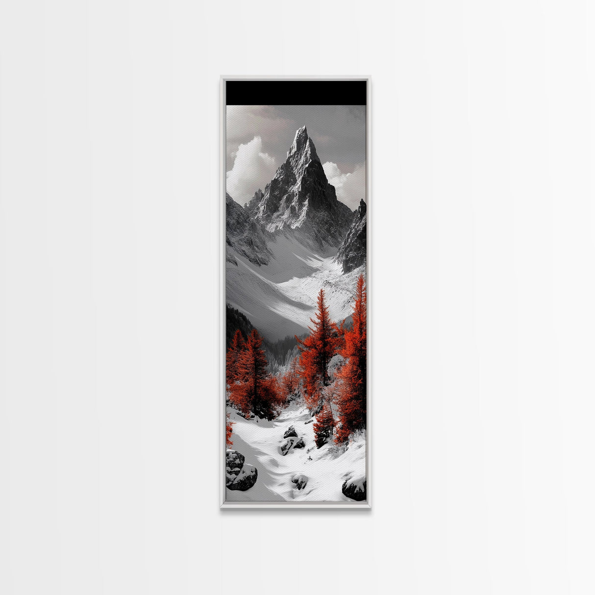 Red Trees, Snowy Mountain, Dramatic Landscape, Framed Canvas Print, Winter Wonderland Art, Office Wall Decor, Moody Nature Scene Print