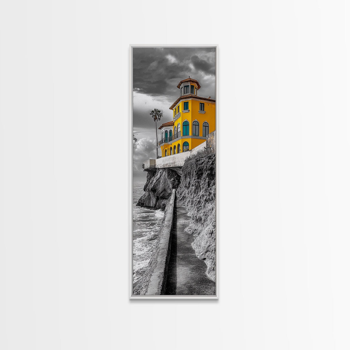Yellow Villa, Coastal House, Mediterranean Escape, Bold Architecture, Canvas Print, Kitchen Wall Art, Modern Coastal Decor, Travel Photography