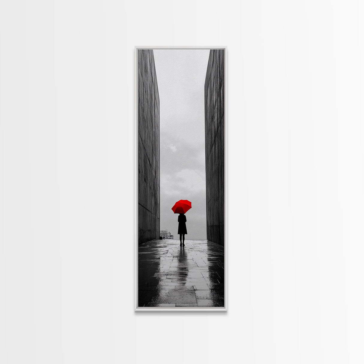 Red Umbrella, Rainy Day, Urban Silhouette, Framed Canvas Print, Minimalist Wall Art, Modern Entryway Decor, Monochrome Mood