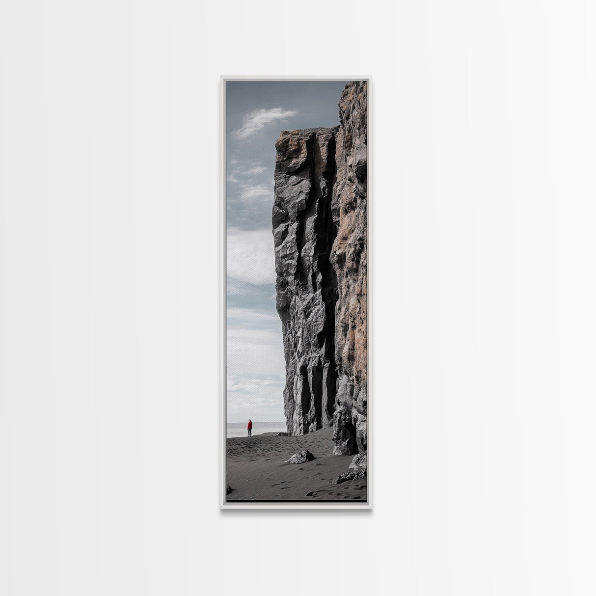 Cliff Wall, Ocean View, Lone Hiker, Rugged Coast, Framed Canvas Print, Adventure Art, Minimalist Decor, Office Wall Art, Modern Nature