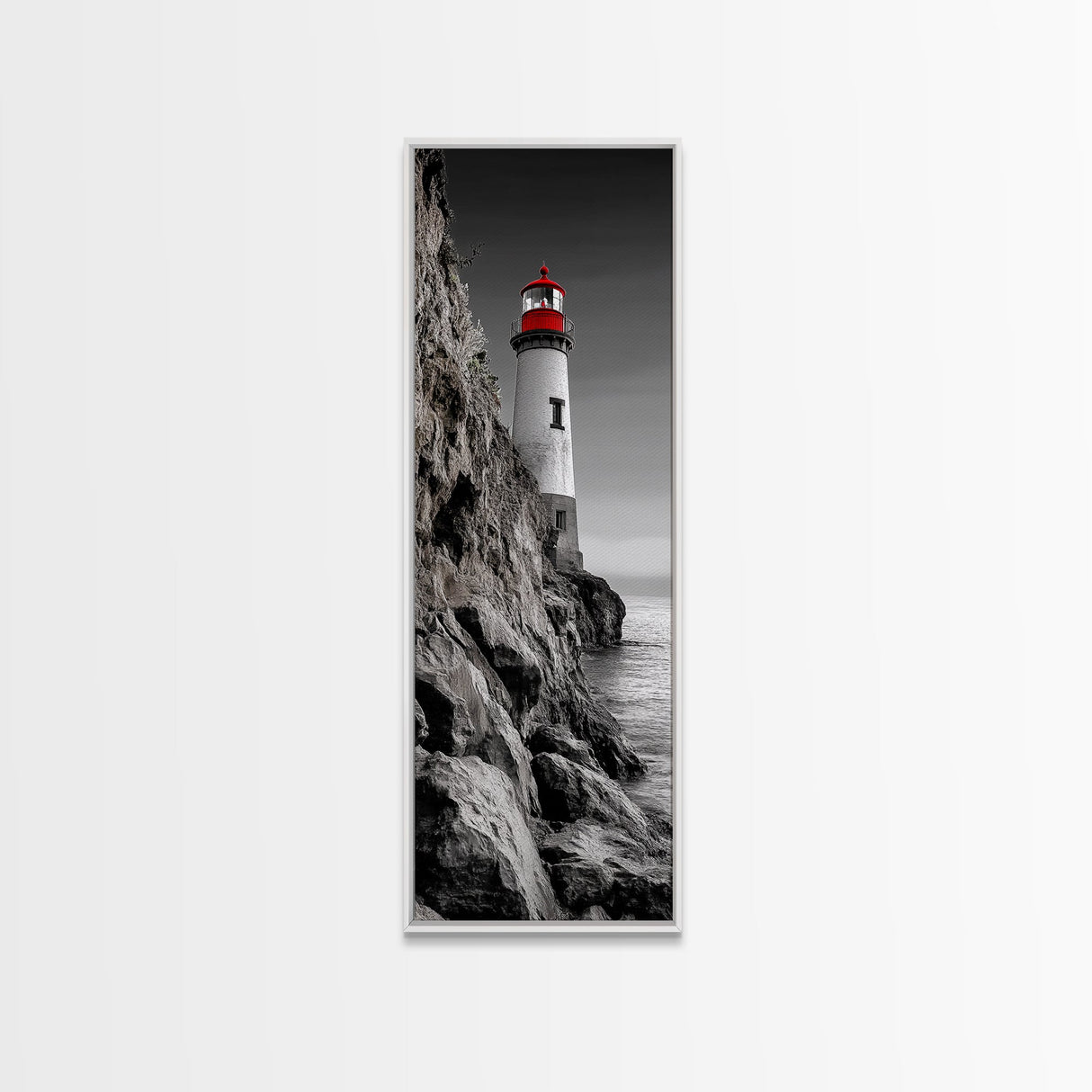 Red Lighthouse Art, Nautical Coastal Scene, Moody Seaside Decor, Framed Canvas Print, Ocean Wall Art, Bathroom or Office Accent