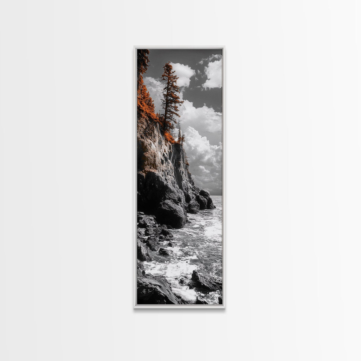 Autumn Cliff Scene, Bold Trees Coastal Wall Art, Fall Foliage Home Style, Framed Canvas Print, Seasonal Nature Living Room Decor