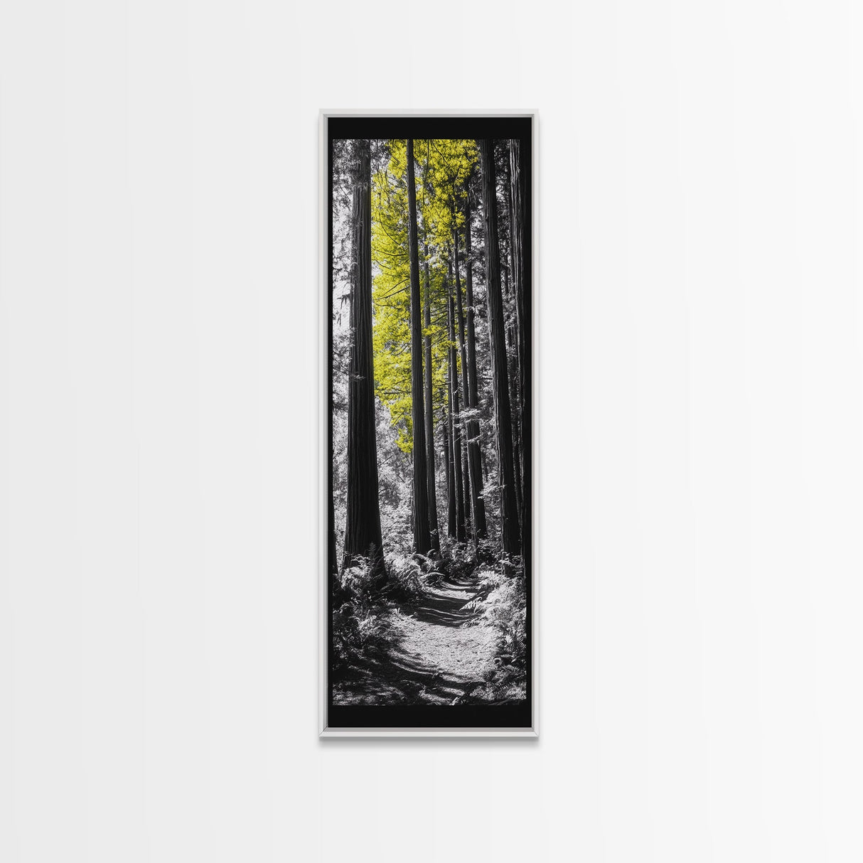 Forest Path Print, Yellow Tree Glow Art, Nature Lover’s Retreat, Framed Canvas Print, Fall Woodland Living Room Wall Decor, Moody Landscape