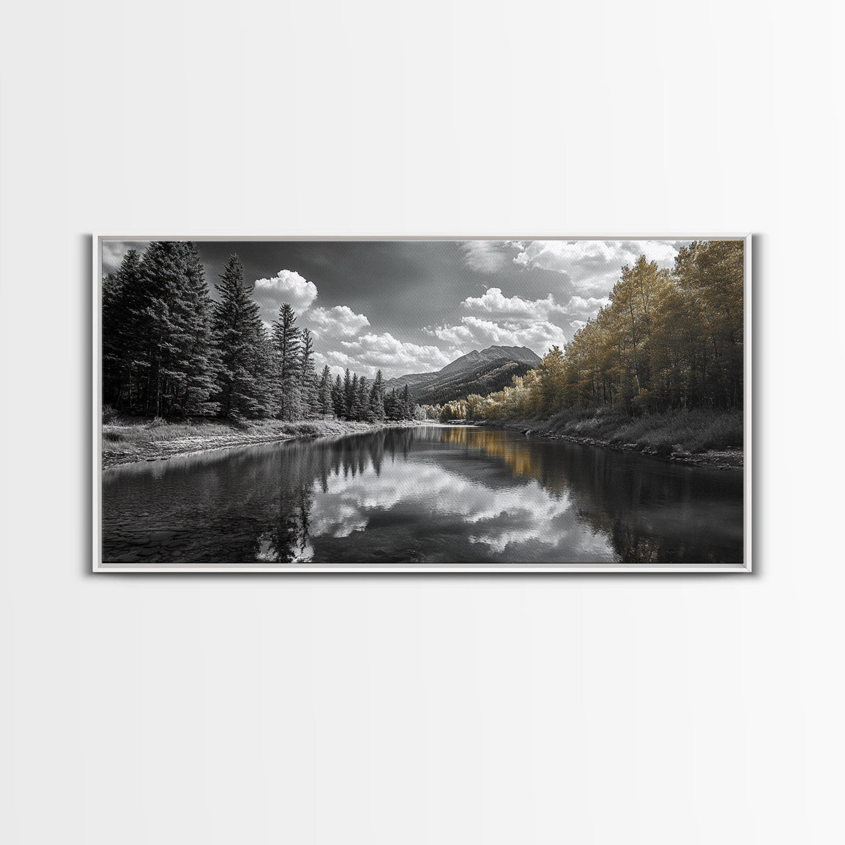 Lake, Mountains, Trees, Reflective mountain lake landscape in this Framed Canvas Print, peaceful Nature Lover Living Room Wall Art