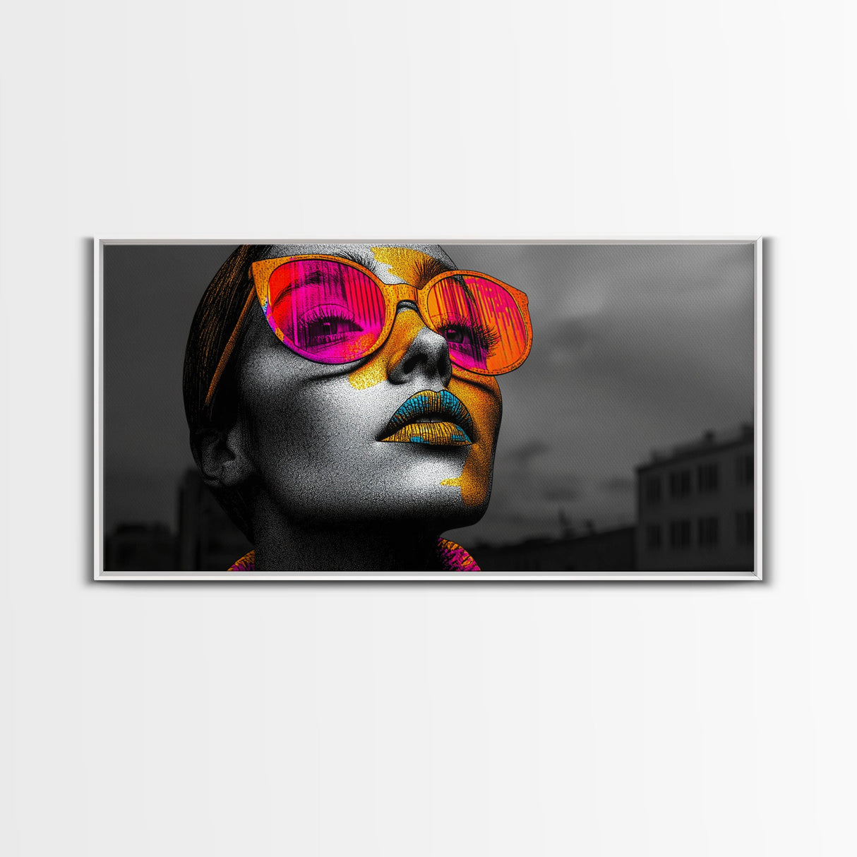 Pop Art, Sunglasses, Neon, Bold and vibrant pop art woman in neon shades on Framed Canvas Print, modern Teen Room Wall Art, Stylish Decor
