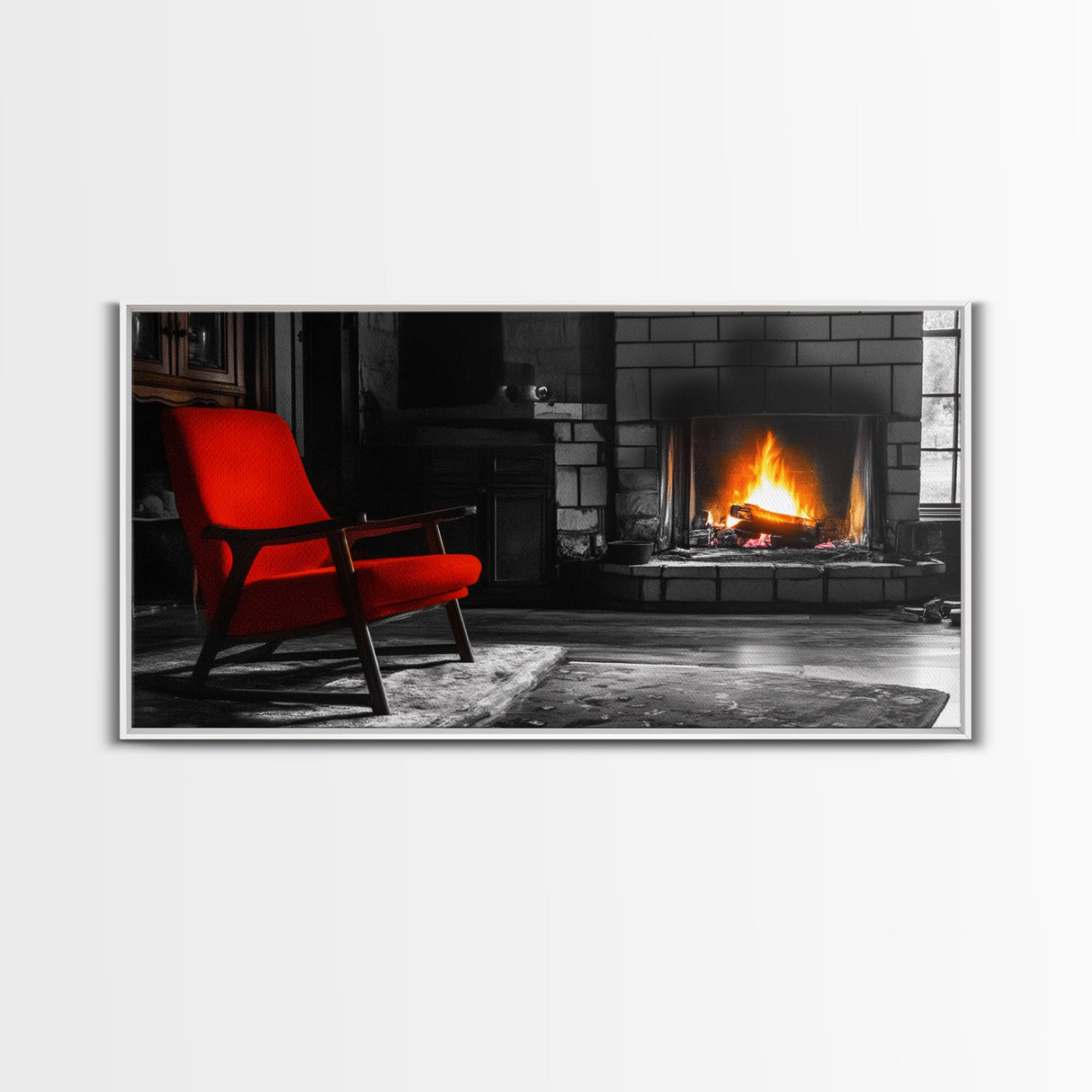 Fireplace, Red Chair, Cozy firelight and bold red accent chair on this Framed Canvas Print, Cozy Fall Living Room Art, Cabin Decor Accent