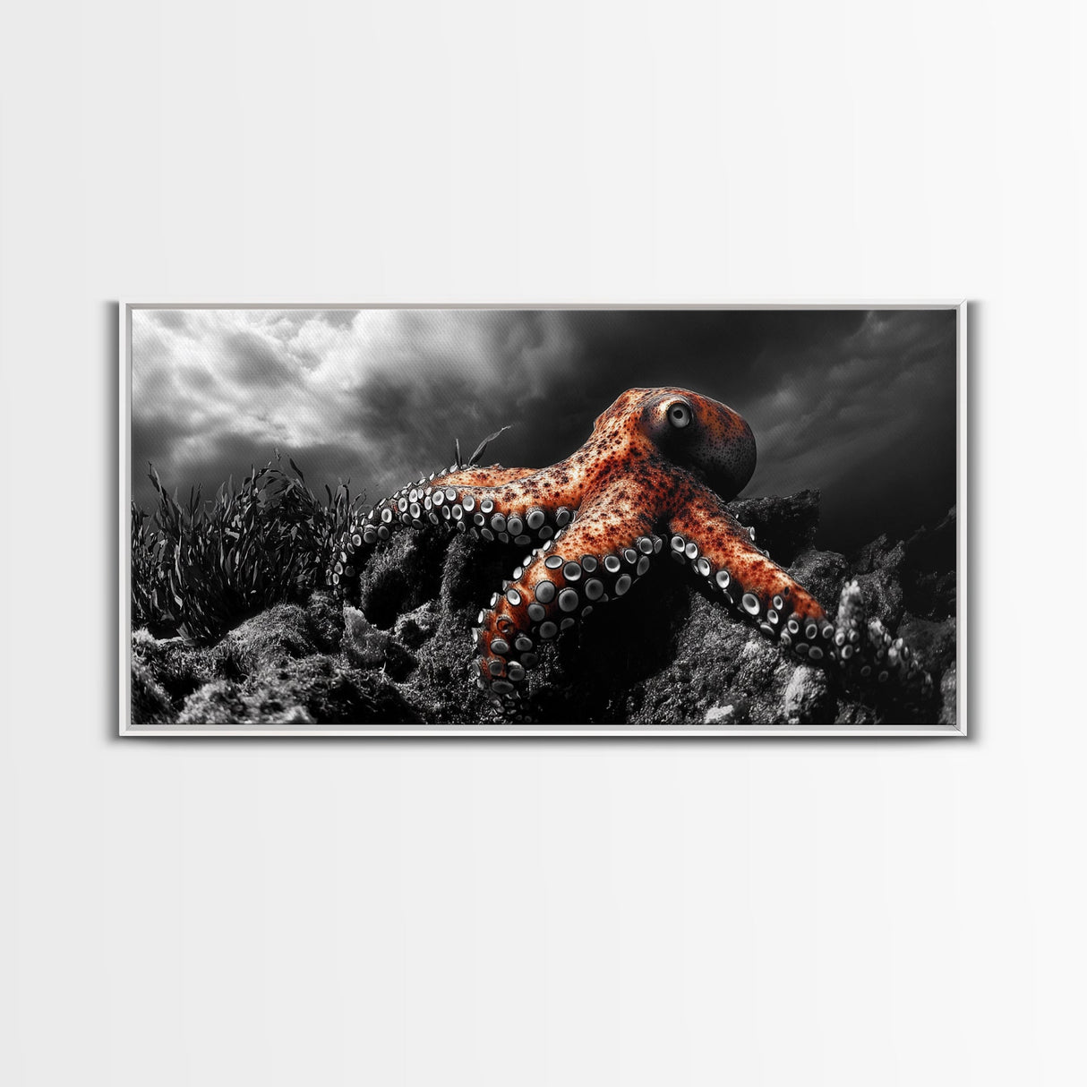 Octopus Ocean, Sea Creature Art, Deep Sea Wall Art, Marine Decor, Framed Canvas Print, Bathroom Wall Art, Moody Nautical, Coastal Vibes