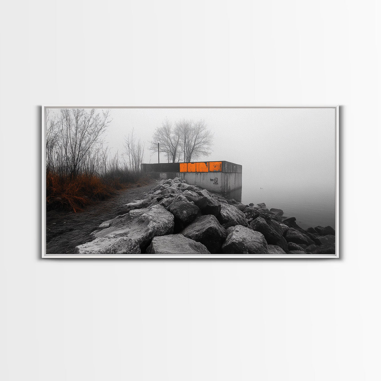 Fog Wall, Concrete Graffiti, Misty Lake Path, Framed Canvas Print, Urban Nature Blend, Moody Art, Hallway Decor, Modern Grayscale Style