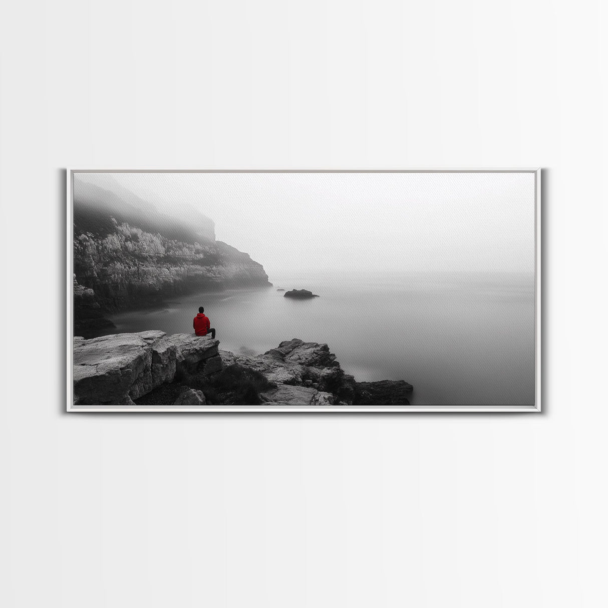 Red Hoodie, Ocean Cliff, Misty Silence, Framed Canvas Print, Minimalist Solitude Art, Mental Health Awareness, Bedroom Wall Decor, Calm Scene