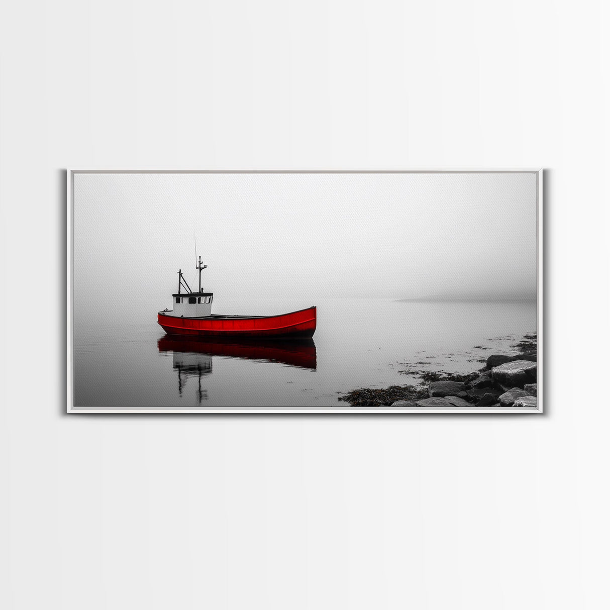 Red Boat, Calm Water, Minimalist Decor, Ocean Scene, Living Room Wall Art, Coastal Style, Canvas Print, Modern Nautical, Serene Landscape