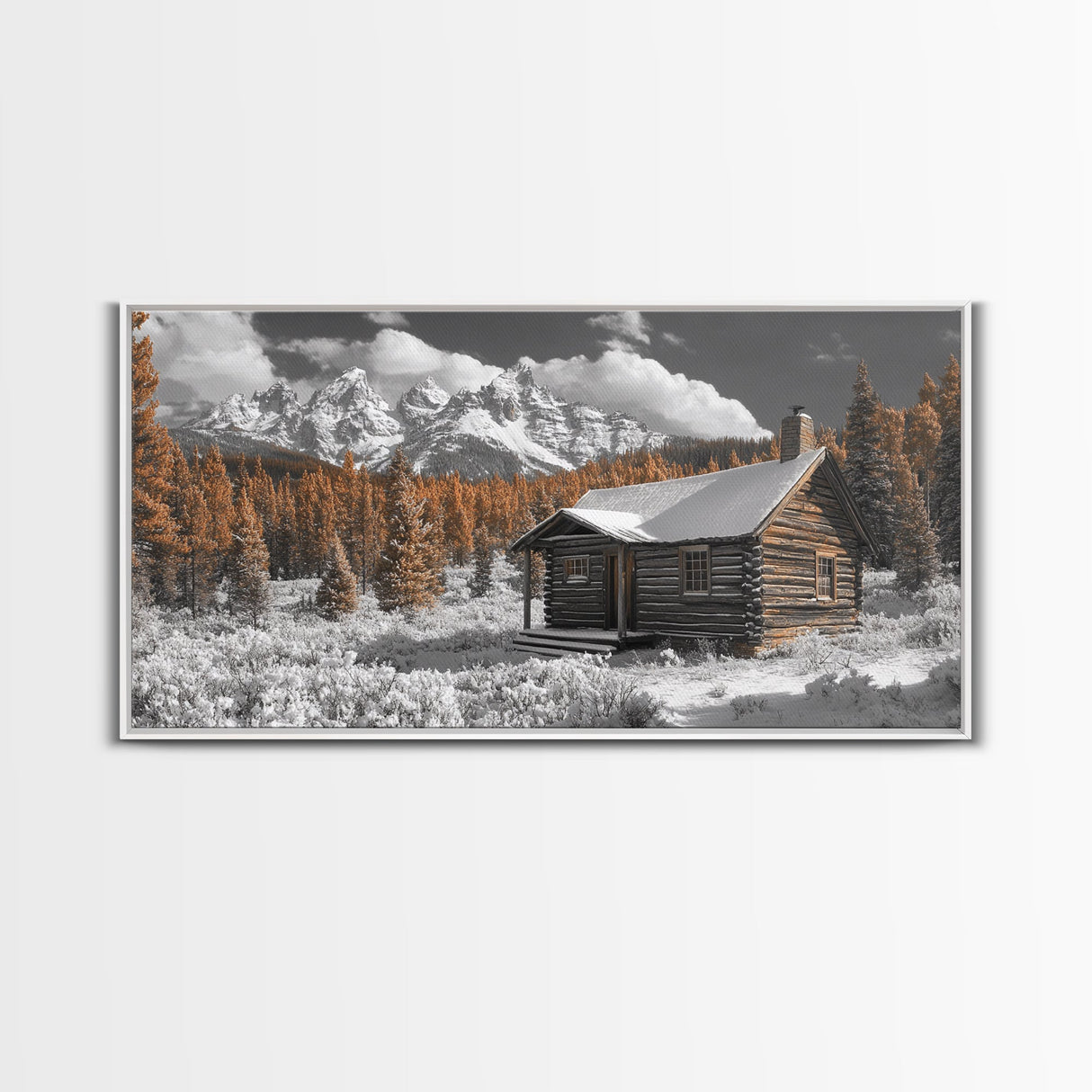 Snowy Cabin, Winter Landscape, Mountain Lodge, Rustic Retreat, Framed Canvas Print, Cozy Wall Art, Cabin Living, Holiday Decor