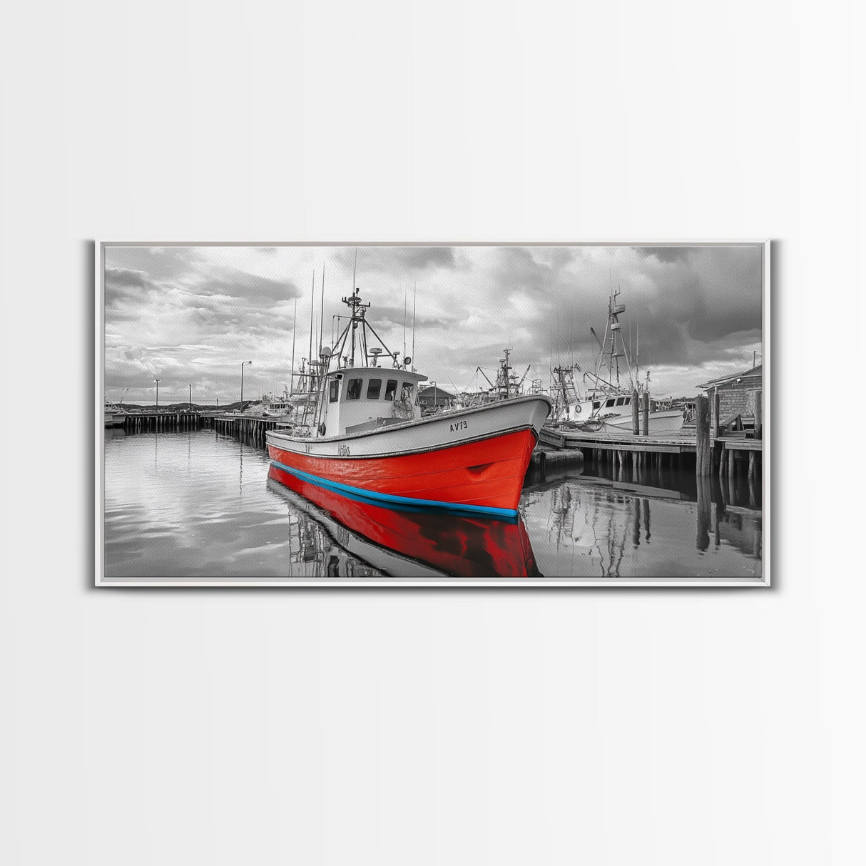 Red Boat, Dock Reflections, Moody Sky, Harbor Life, Framed Canvas Print, Nautical Wall Decor, Coastal Art, Living Room Art, Maritime Style