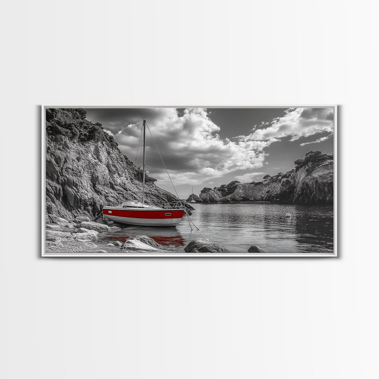 Red Sailboat, Rocky Cove, Tranquil Water, Coastal Escape, Canvas Print, Nautical Wall Art, Minimalist Seaside Style, Black White Art