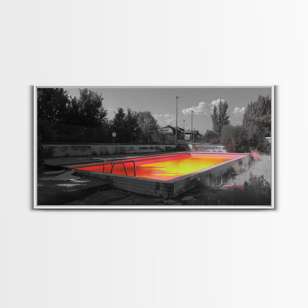 Abandoned Pool, Neon Water, Urban Decay, Vivid Glow, Canvas Print, Grunge Wall Art, Teen Bedroom Decor, Street Photography, Color Pop