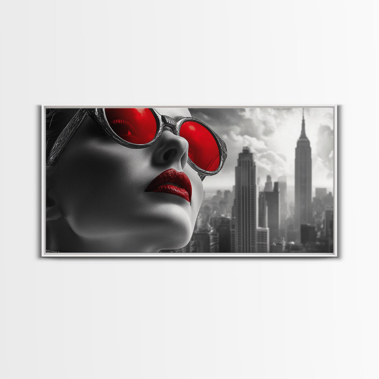 Red Lips, Urban Glam, High Fashion, City Vibes – Framed Canvas Print, Modern Pop Art, Living Room Wall Art, Bold Aesthetic, Edgy Decor