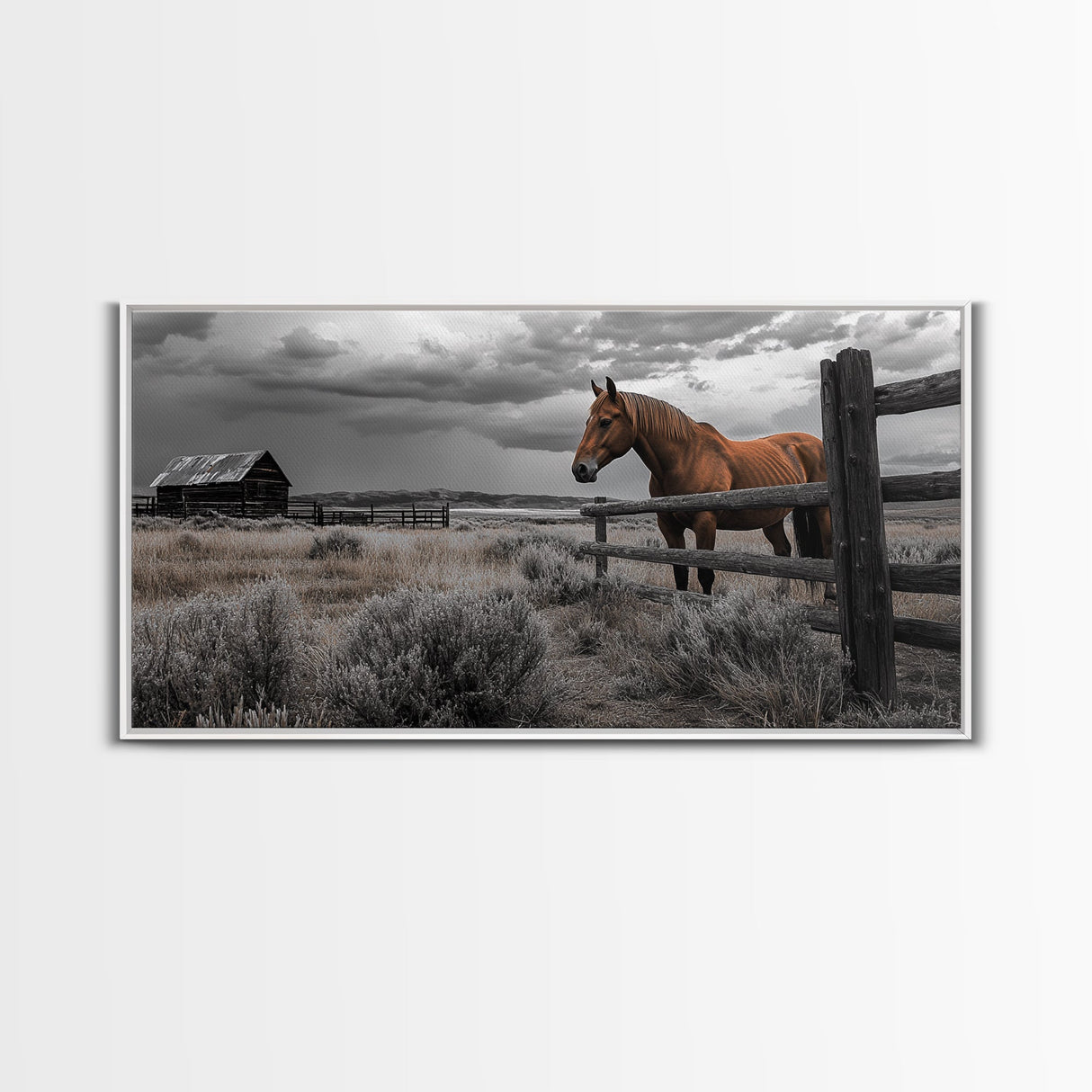 Rustic Horse, Country Fence, Western Scene, Moody Skies – Framed Canvas Print, Farmhouse Wall Art, Autumn Decor, Cabin Living, Cowboy Vibe