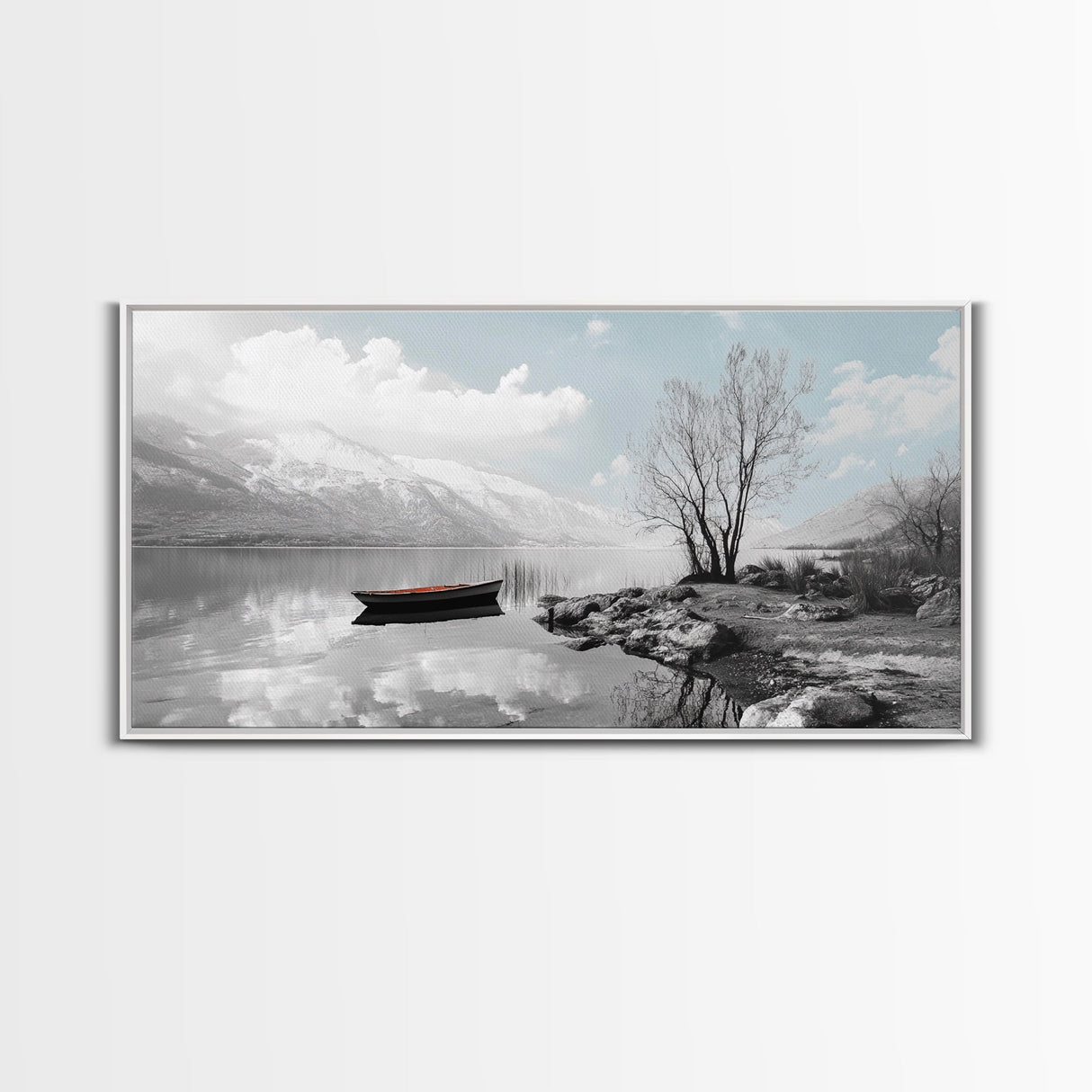 Solitary Boat, Alpine Lake, Tranquil Shore, Winter Silence – Canvas Print, Minimalist Wall Art, Bedroom Decor, Scandinavian Aesthetic