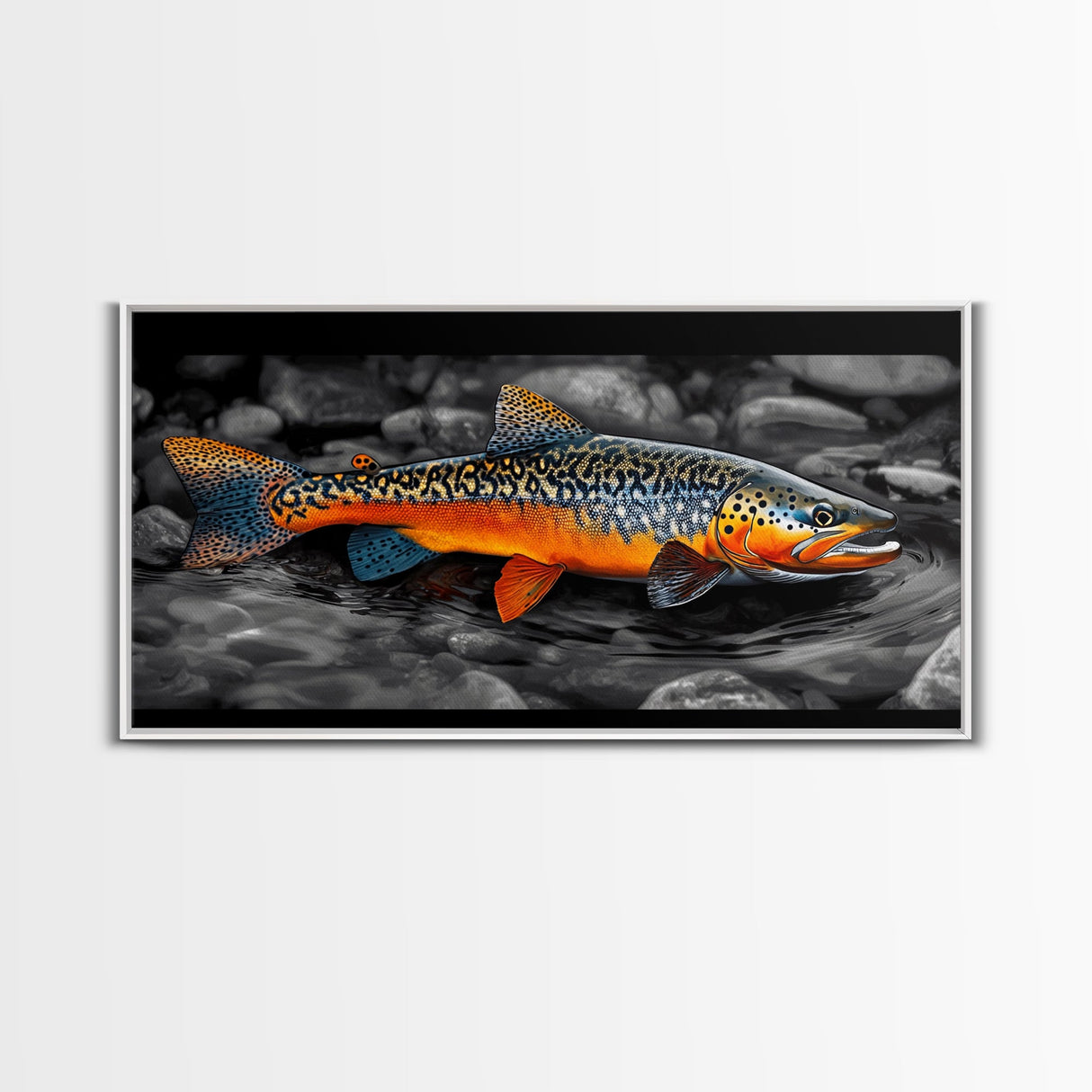 Rainbow Trout, Colorful Fish, Bold Patterns, River Stream – Framed Canvas Print, Fishing Wall Art, Cabin Decor, Rustic Wildlife