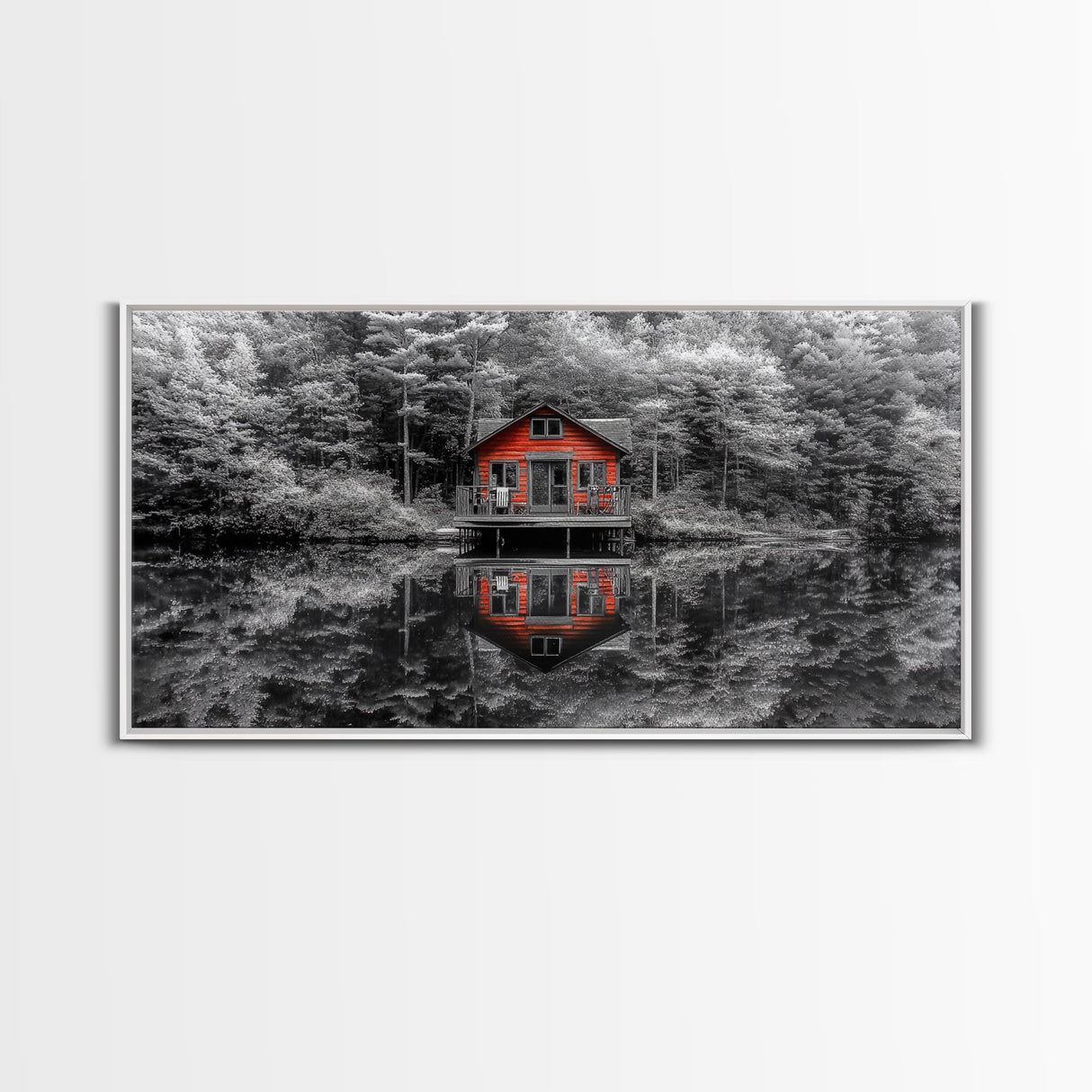 Red Cabin, Lake Reflection, Autumn Escape, Forest Retreat, Framed Canvas Print, Rustic Wall Art, Cabin Decor, Fall Living Room Artwork