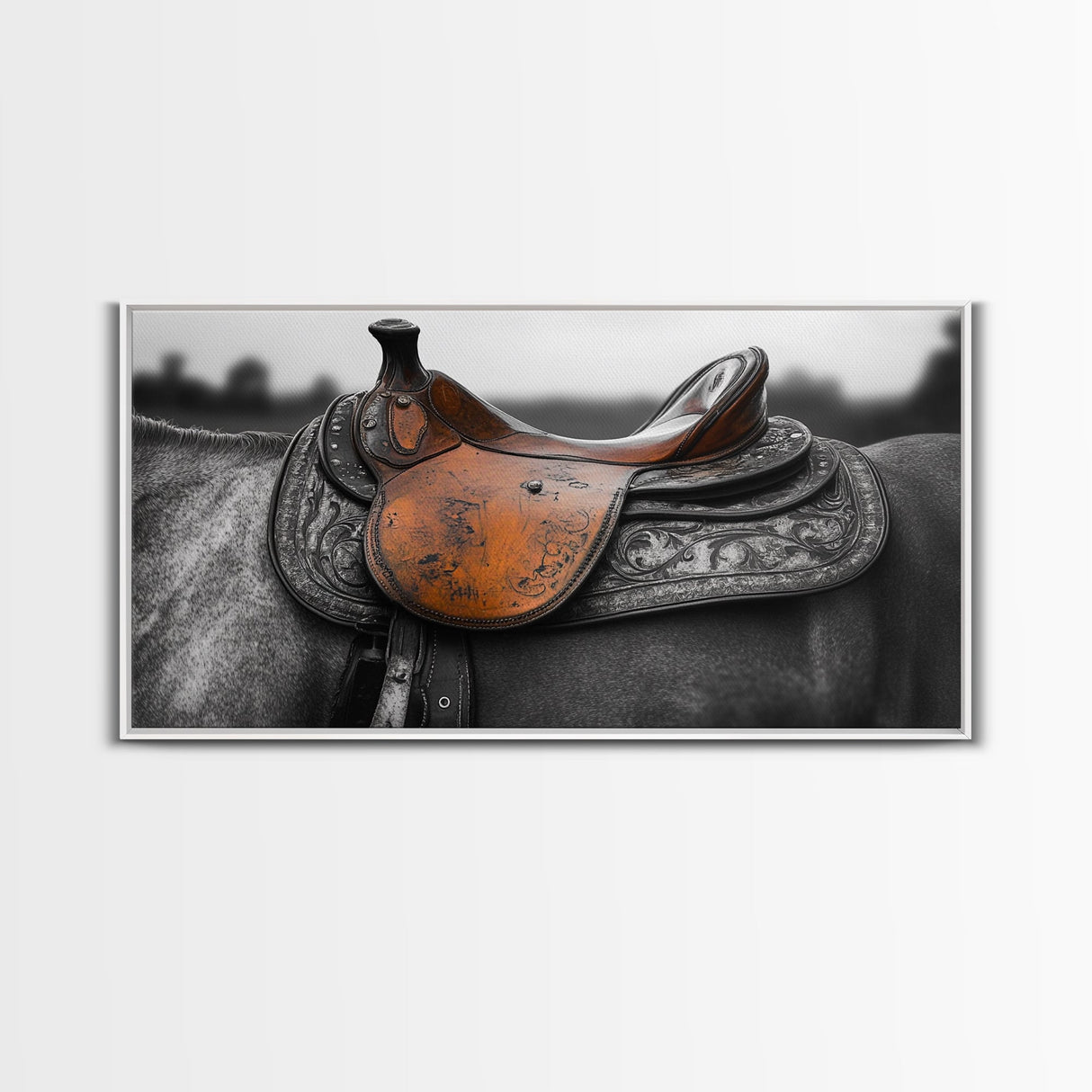 Western Saddle, Leather Detail, Horseback Art, Rustic Charm, Framed Canvas Print, Cowboy Wall Art, Farmhouse Decor, Equestrian Living Room