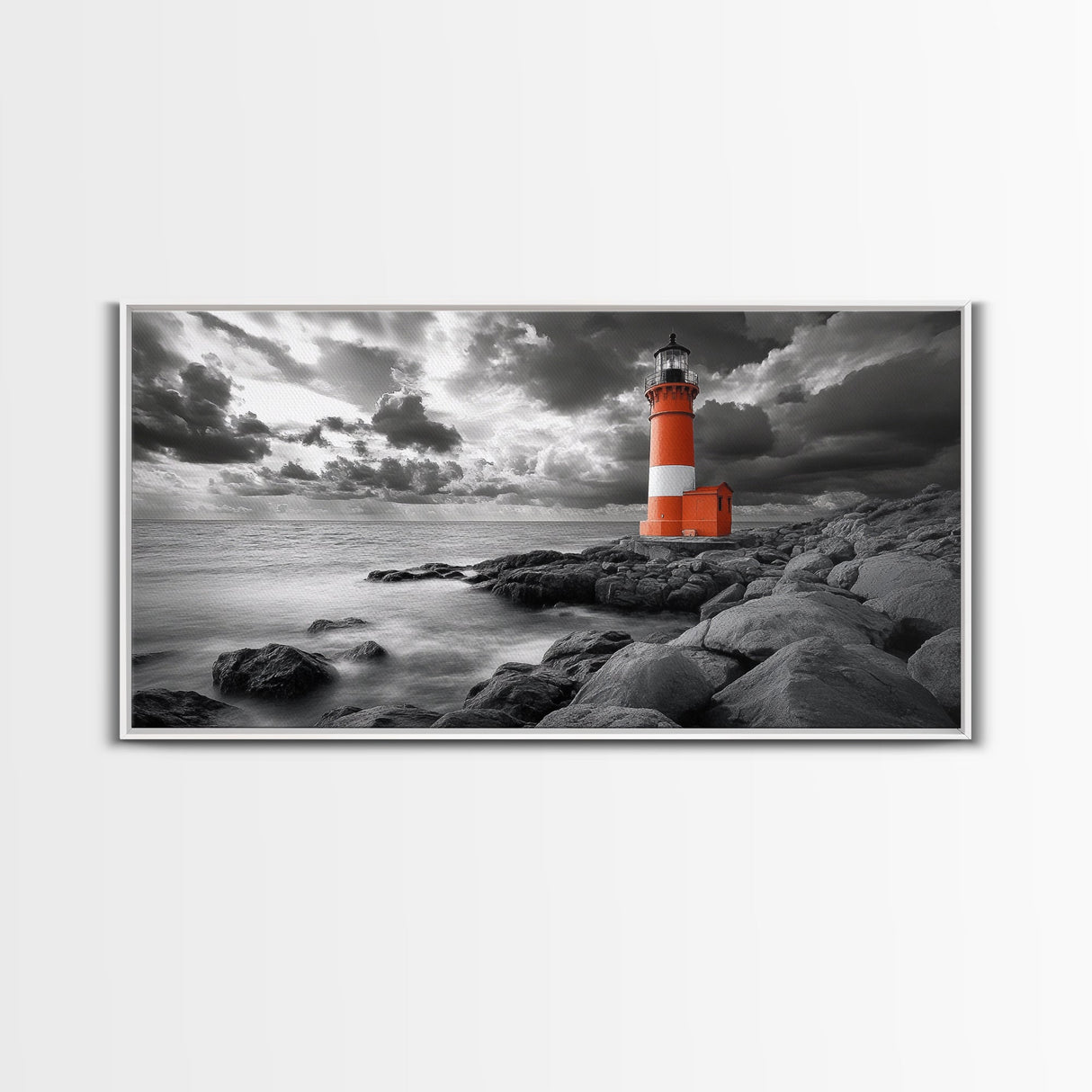 Red Lighthouse, Stormy Sea, Rocky Shore, Moody Coastal, Framed Canvas Print, Nautical Wall Art, Dramatic Bathroom Decor, Ocean Vibes
