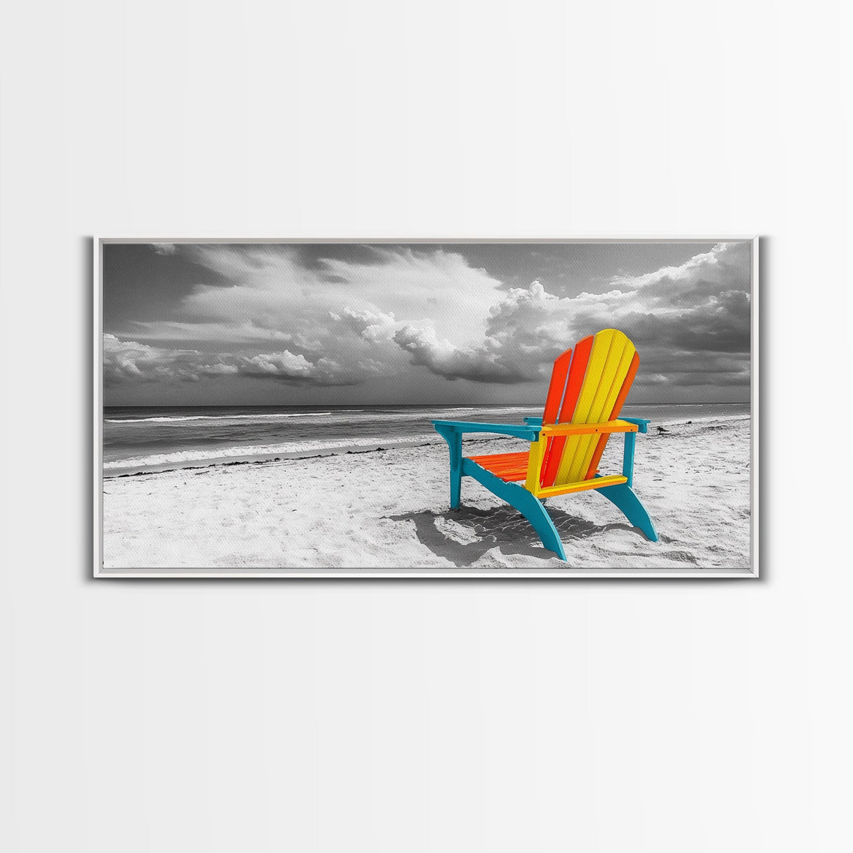 Chair Seaside, Colorful View, Coastal Relaxation, Minimalist Beach, Framed Canvas Print, Sunroom Wall Art, Summer Beach Escape