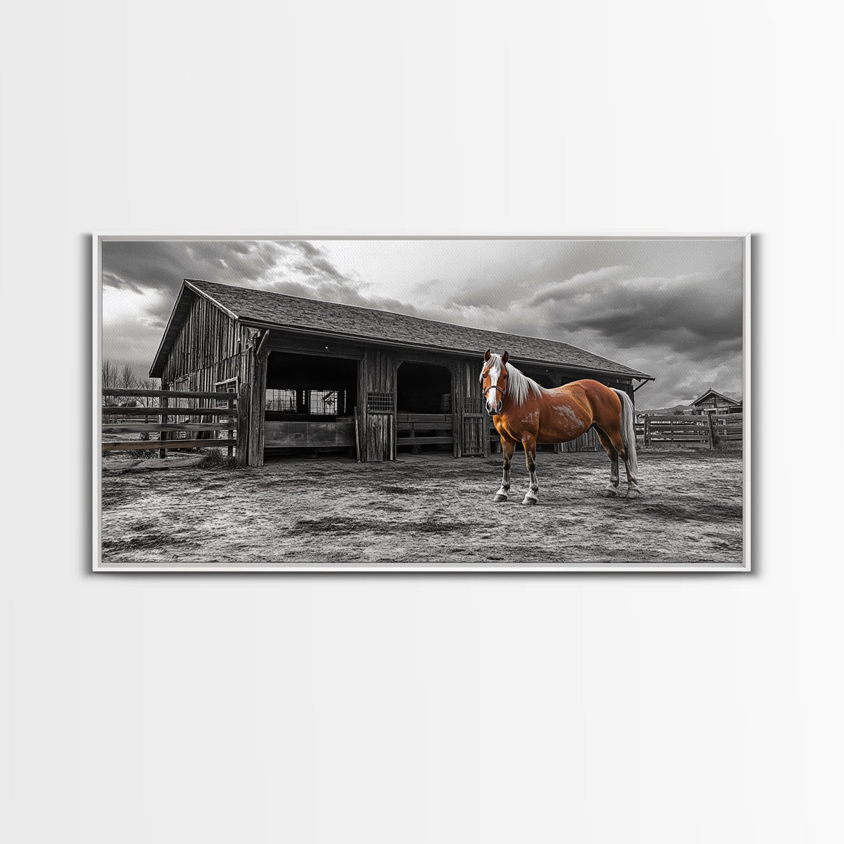 Rustic Horse, Country Barn, Moody Sky, Farm Vibes, Framed Canvas Print, Western Decor, Farmhouse Wall Art, Living Room Accent, Fall Art