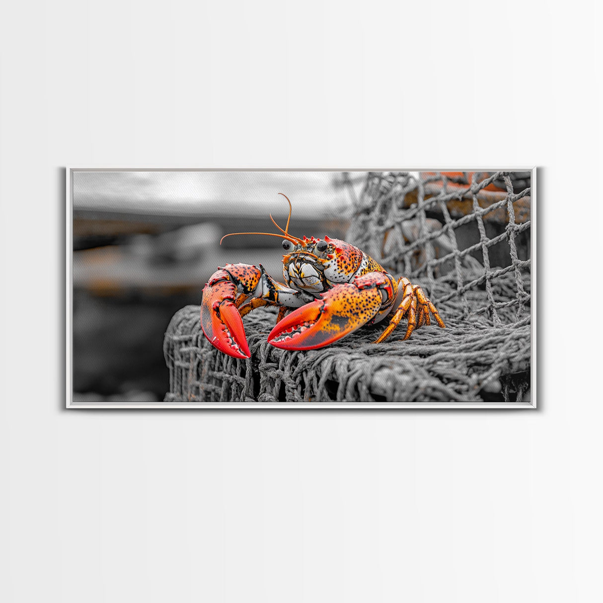 Bold Lobster, Nautical Art, Coastal Living, Red Claw, Framed Canvas Print, Beach House Wall Art, Kitchen Decor, Color Splash Style