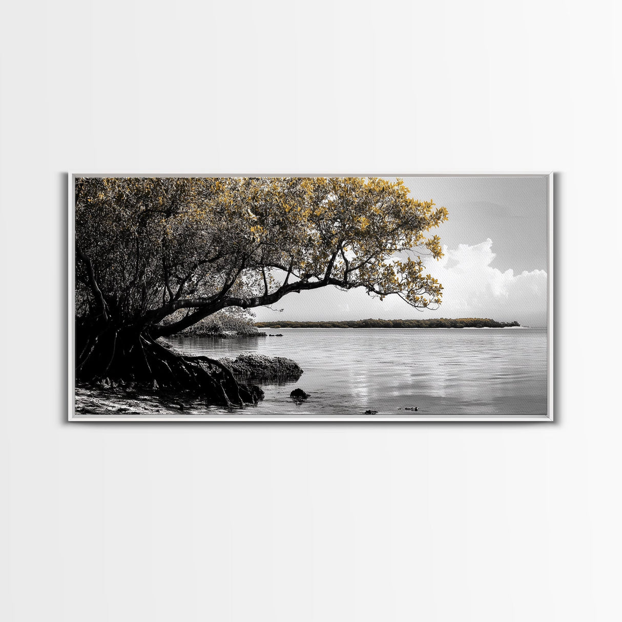 Mangrove Tree, Coastal Roots, Golden Leaves, Ocean View, Framed Canvas Print, Beach House Art, Nature Wall Decor, Minimal Coastal Vibe