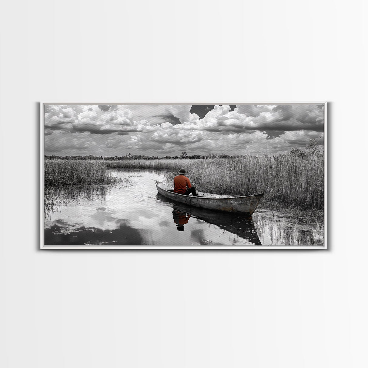 Solitary Canoe, Peaceful Waters, Cloudy Sky, Red Shirt, Framed Canvas Print, Nature Explorer Gift, Cabin Wall Art, Rustic Fall Scene