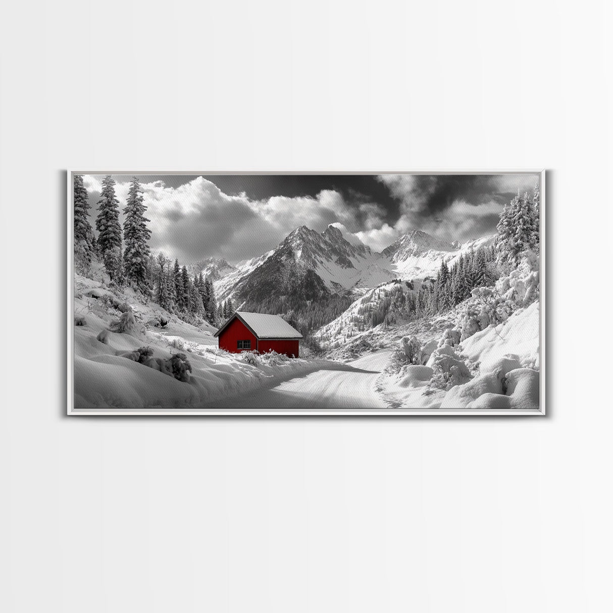 Red Cabin, Winter Mountains, Snow Forest, Canvas Print, Christmas Wall Art, Rustic Lodge Decor, Landscape Photography, Bedroom Art