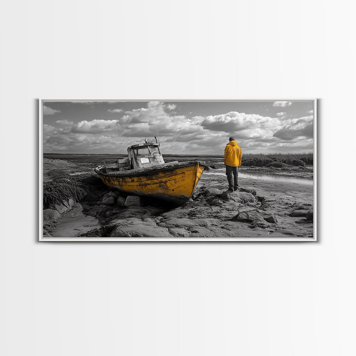 Yellow Boat, Lonely Man, Moody Shore, Framed Canvas Print, Coastal Wall Art, Nautical Decor, Masculine Home Office Style