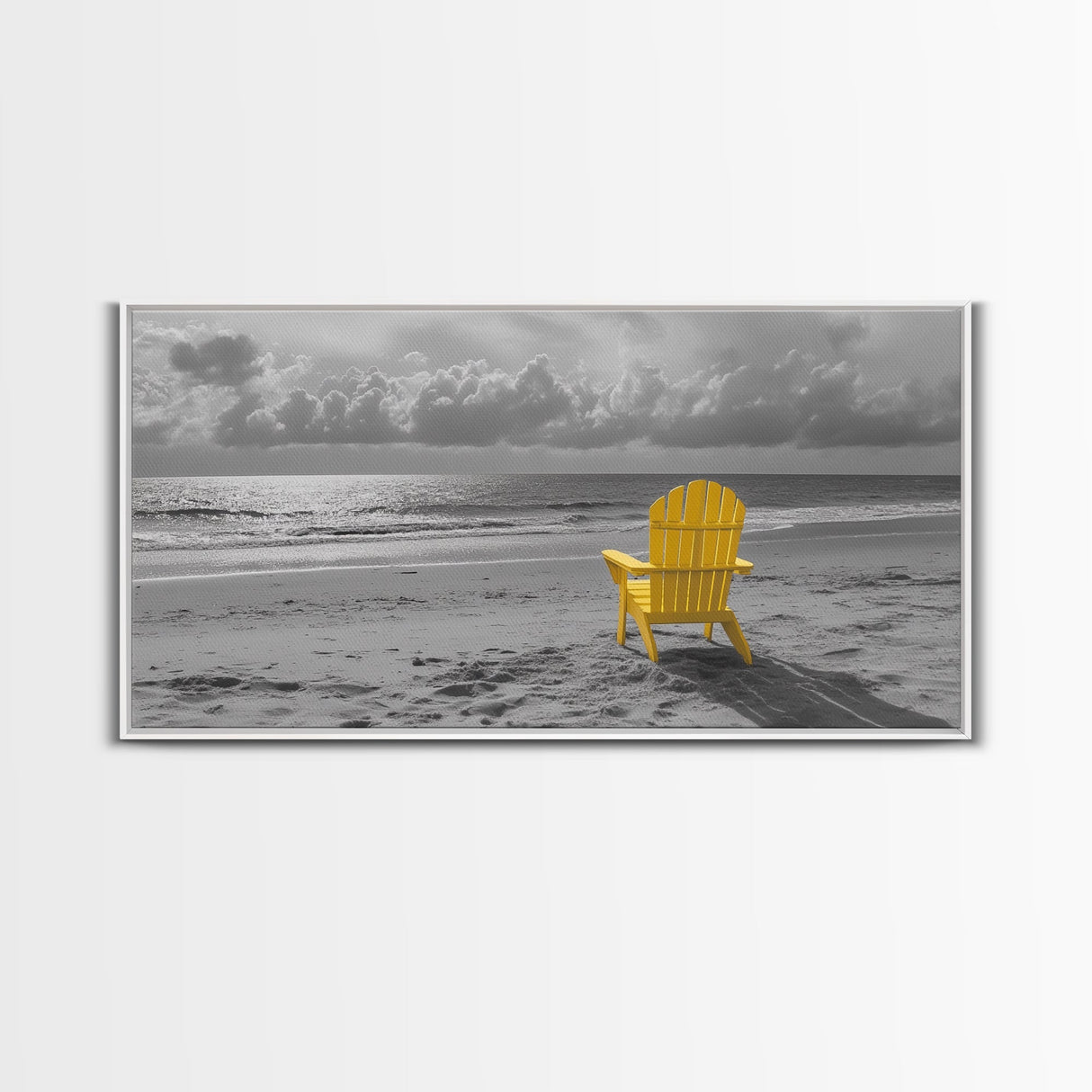 Yellow Chair, Tranquil Beach, Ocean Horizon, Canvas Print, Minimalist Beach Wall Art, Guest Room Decor, Calm Coastal Scene