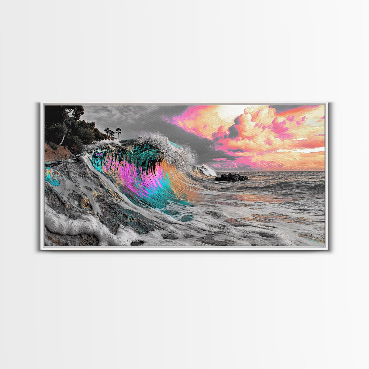 Neon Wave, Tropical Sunset, Bold Ocean Art, Framed Canvas Print, Color Pop Wall Decor, Surfer Room Style, Coastal Vibe Art