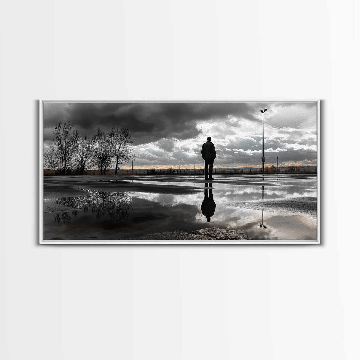 Solitude Reflection, Urban Mood, Moody Skies, Canvas Print, Modern Wall Art, Entryway Decor, Urban Photography, Minimalist Art, Rainy Day Art
