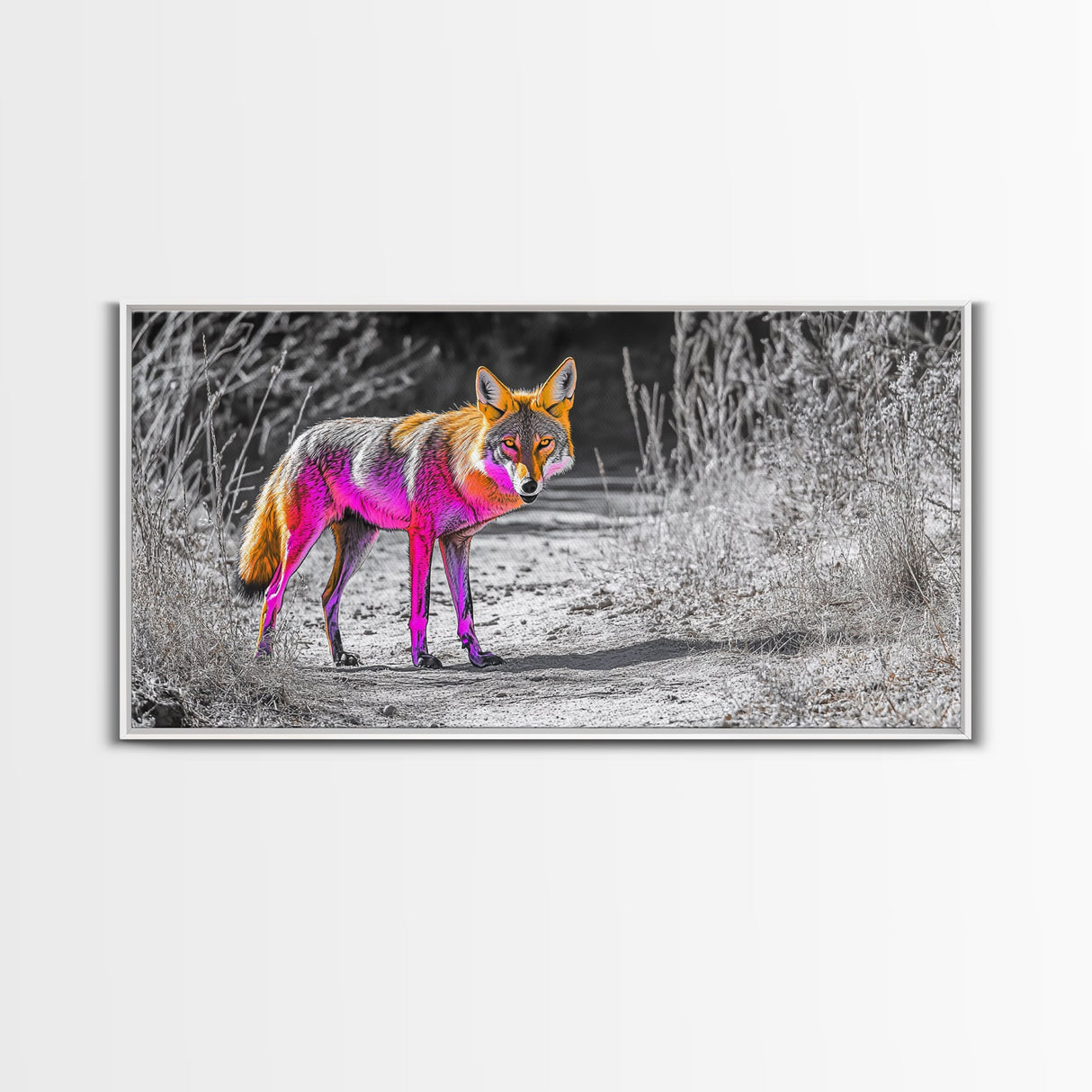 Neon Fox Portrait, Vibrant Wildlife Path Scene, Bright Nature Animal, Framed Canvas Print, Bedroom Wall Art, Psychedelic Animal Style