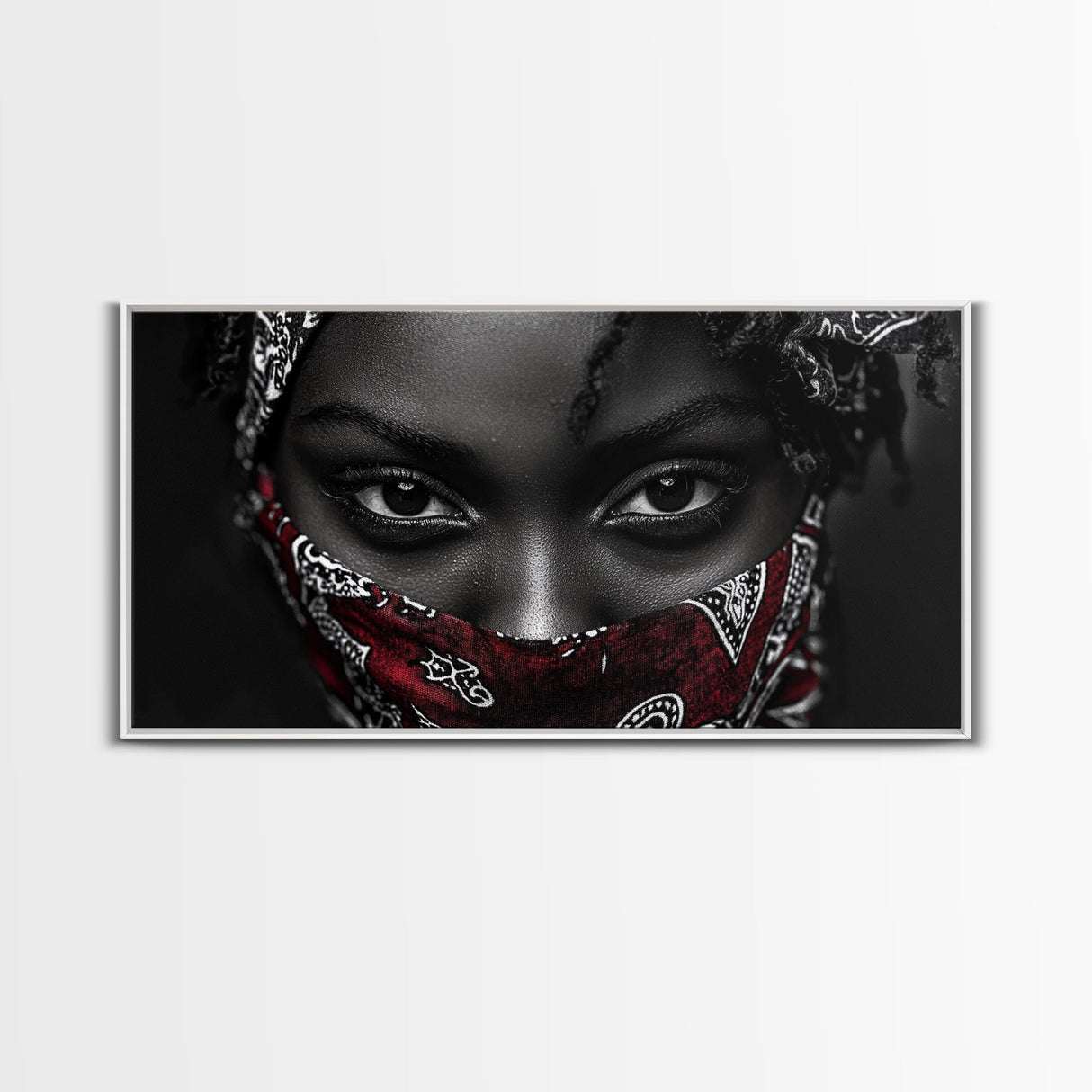 Fierce Eyes, Red Bandana, Bold Portrait, Afro Art, Framed Canvas Print, Bedroom Wall Art, Powerful Gaze, Monochrome With Red Accent