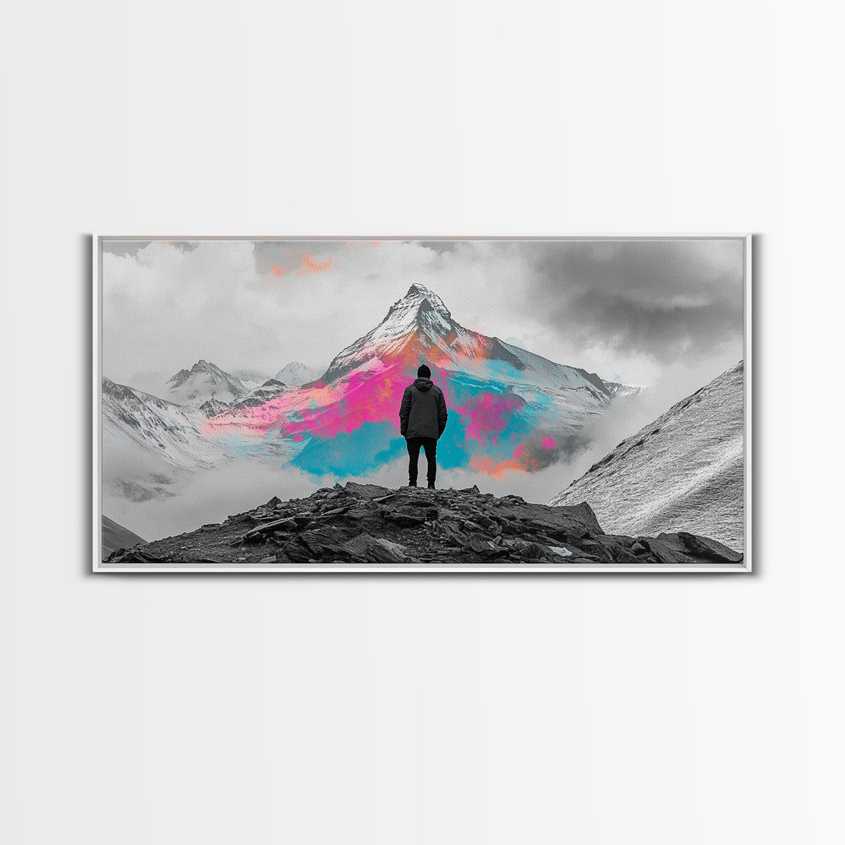 Rainbow Mountain, Vibrant Summit, Hiker Adventure, Canvas Print, Surreal Landscape Art, Wanderlust Wall Decor, Modern Office Artwork