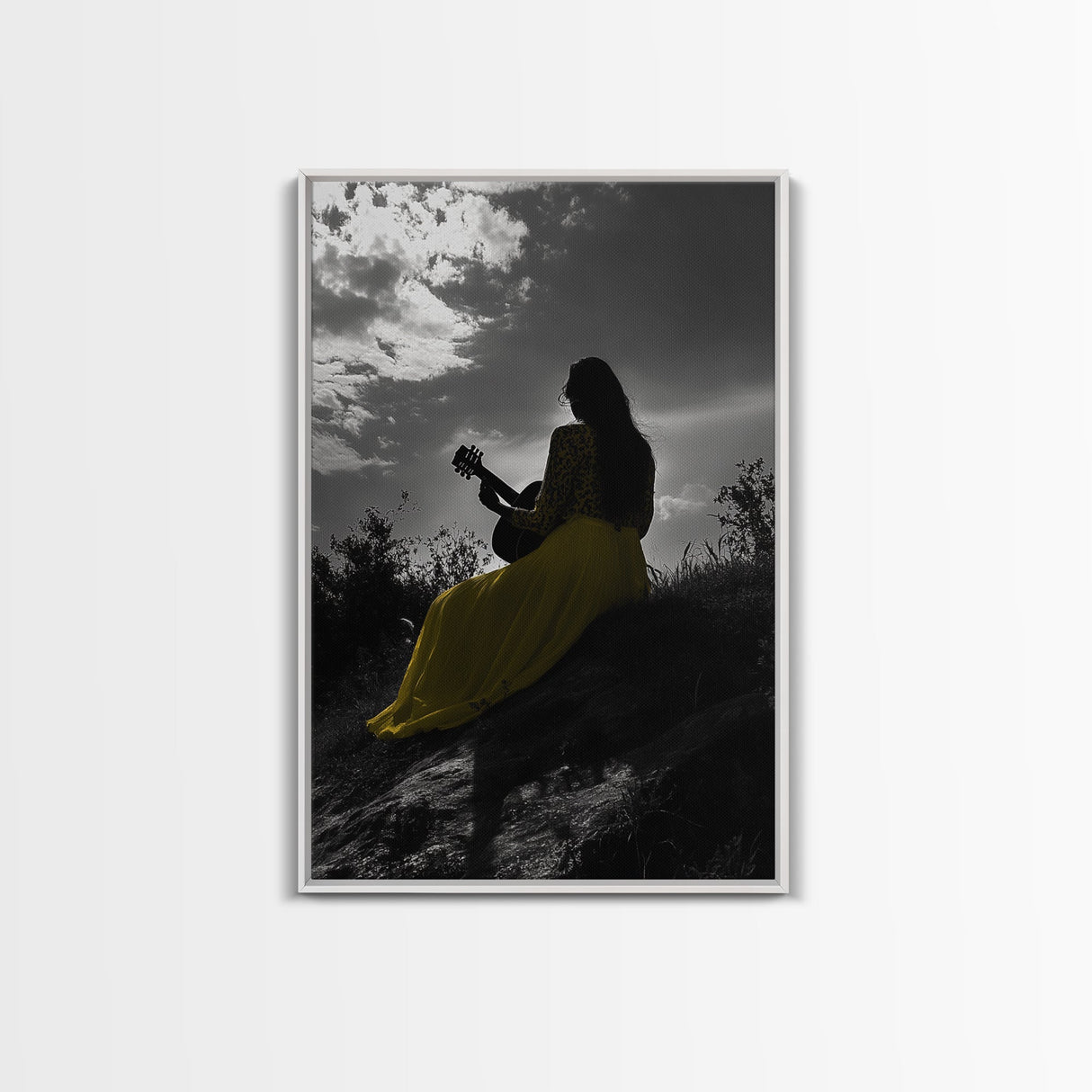 Yellow Dress, Guitar Girl, Sunset Silhouette Scene, Framed Canvas Print, Boho Music Lover Wall Art, Bedroom Fall Vibes Decor