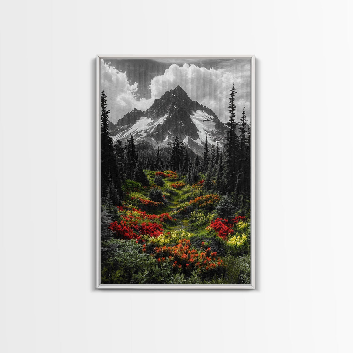Mountain Flowers, Nature Trail, Alpine Beauty, Evergreen Path, Framed Canvas Print, Landscape Photography, Cabin Wall Art, Nature Decor
