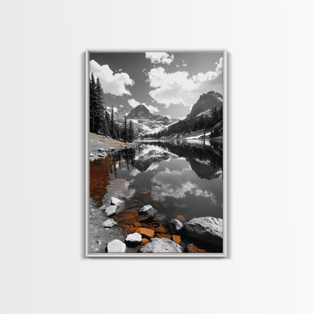 Alpine Lake, Orange Rocks, Mountain Reflection, Canvas Print, Wilderness Wall Art, Nature Explorer Decor, Rustic Lodge Wall Art