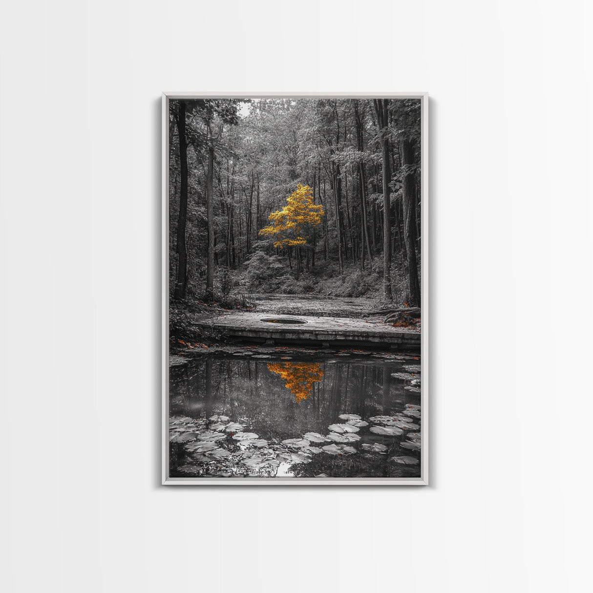 Lone Yellow Tree, Tranquil Pond, Forest Reflection, Canvas Print, Fall Nature Wall Art, Autumn Minimalist Decor, Peaceful Meditation Room